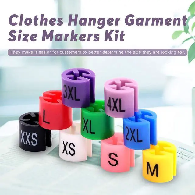 Alt view image 4 of 7 - Swpeet 820Pcs 9 Common Sizes Plastic Hanger Size Markers Assortment Kit, XXS - 4XL Color-Coding Hanger Sizes Tags Marker for Wire Hangers Clothing Hangers with Storage Box