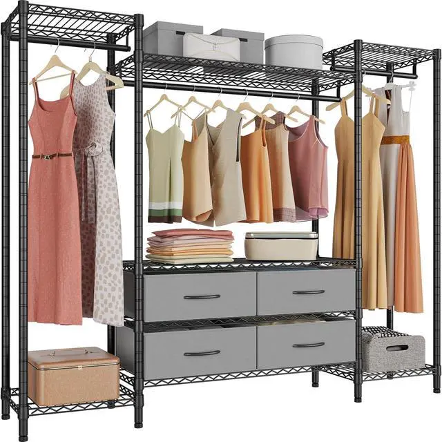 Main image of VIPEK V20 Wire Garment Rack Heavy Duty Clothes Rack, Metal Clothing Rack with 6 Shelves, 3 Hang Rods & 4 Fabric Drawers, Compact Wardrobe Closet, 56.7" L x 14.6" W x 70.9" H, Black