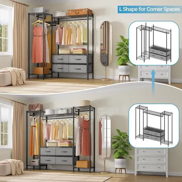 Alt view image 3 of 7 - VIPEK V20 Wire Garment Rack Heavy Duty Clothes Rack, Metal Clothing Rack with 6 Shelves, 3 Hang Rods & 4 Fabric Drawers, Compact Wardrobe Closet, 56.7" L x 14.6" W x 70.9" H, Black