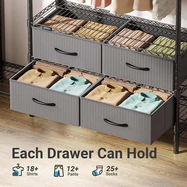 Alt view image 4 of 7 - VIPEK V20 Wire Garment Rack Heavy Duty Clothes Rack, Metal Clothing Rack with 6 Shelves, 3 Hang Rods & 4 Fabric Drawers, Compact Wardrobe Closet, 56.7" L x 14.6" W x 70.9" H, Black