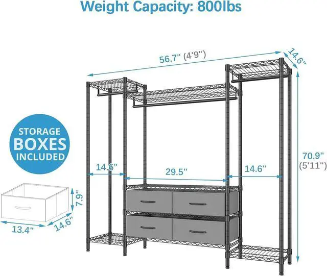 Alt view image 6 of 7 - VIPEK V20 Wire Garment Rack Heavy Duty Clothes Rack, Metal Clothing Rack with 6 Shelves, 3 Hang Rods & 4 Fabric Drawers, Compact Wardrobe Closet, 56.7" L x 14.6" W x 70.9" H, Black