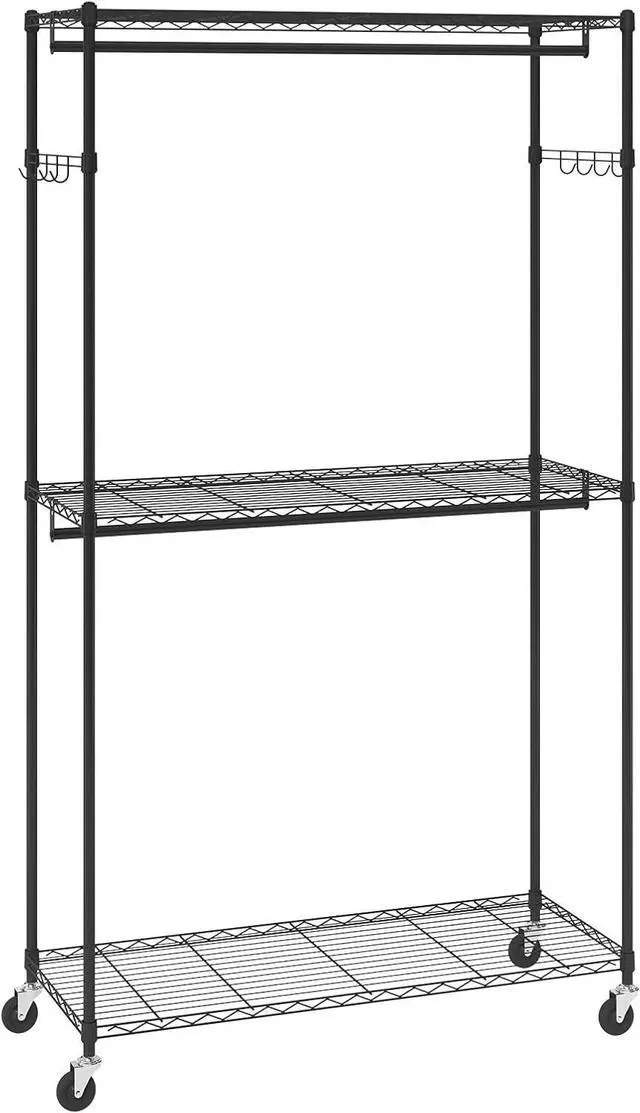 Main image of VEVOR Heavy Duty Clothes Rack, Rolling Clothing Garment Rack with 3 Storage Tiers, 2 Rods and 2 Pairs Side Hooks, Adjustable Height Clothing Rack Closet for Hanging Clothes, 400 Lbs Load Capacity
