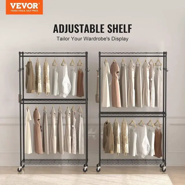 Alt view image 2 of 7 - VEVOR Heavy Duty Clothes Rack, Rolling Clothing Garment Rack with 3 Storage Tiers, 2 Rods and 2 Pairs Side Hooks, Adjustable Height Clothing Rack Closet for Hanging Clothes, 400 Lbs Load Capacity