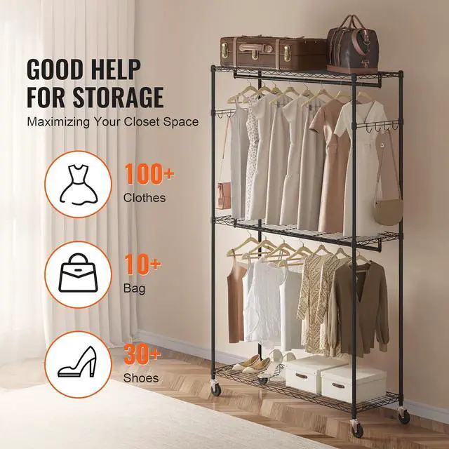 Alt view image 5 of 7 - VEVOR Heavy Duty Clothes Rack, Rolling Clothing Garment Rack with 3 Storage Tiers, 2 Rods and 2 Pairs Side Hooks, Adjustable Height Clothing Rack Closet for Hanging Clothes, 400 Lbs Load Capacity