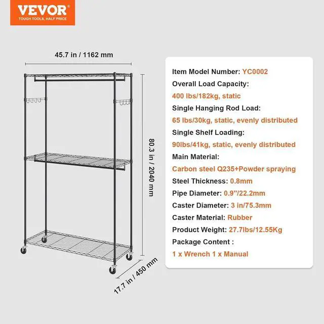 Alt view image 7 of 7 - VEVOR Heavy Duty Clothes Rack, Rolling Clothing Garment Rack with 3 Storage Tiers, 2 Rods and 2 Pairs Side Hooks, Adjustable Height Clothing Rack Closet for Hanging Clothes, 400 Lbs Load Capacity