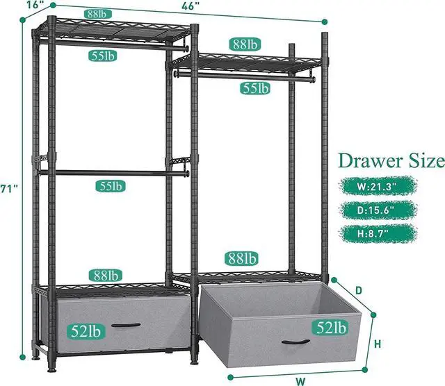 Alt view image 2 of 7 - REIBII Clothing Rack for Hanging Clothes Heavy Duty Clothes Rack With 2 Drawers Load 620LBS Adjustable Portable Black 16" D x 46" W x 71" H