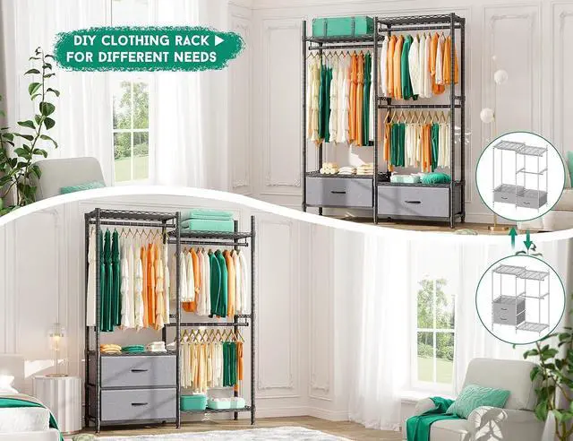 Alt view image 5 of 7 - REIBII Clothing Rack for Hanging Clothes Heavy Duty Clothes Rack With 2 Drawers Load 620LBS Adjustable Portable Black 16" D x 46" W x 71" H