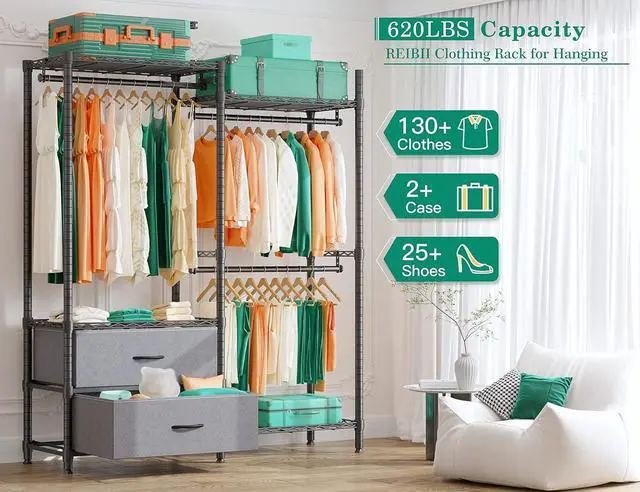 Alt view image 3 of 7 - REIBII Clothing Rack for Hanging Clothes Heavy Duty Clothes Rack With 2 Drawers Load 620LBS Adjustable Portable Black 16" D x 46" W x 71" H