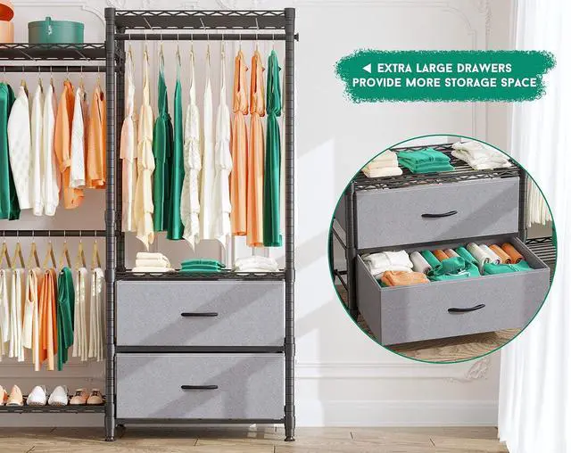 Alt view image 4 of 7 - REIBII Clothing Rack for Hanging Clothes Heavy Duty Clothes Rack With 2 Drawers Load 620LBS Adjustable Portable Black 16" D x 46" W x 71" H