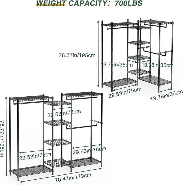 Alt view image 6 of 7 - LEHOM G6M Heavy Duty Clothes Rack for Hanging Clothes, Portable Garment Rack Compact Size Closet Organizer, Freestanding Metal Clothing Rack Wardrobe Closet with Storage Shelves for Bedroom(Medium)