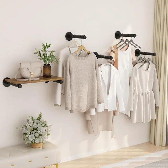 Alt view image 2 of 7 - 6 Pcs Industrial Pipe Clothes Bars 12 inch, Industrial Pipe Clothing Racks, Wall Mount Closet Rods for Hanging Clothes, Black Closet Bar Rod for Home Boutique