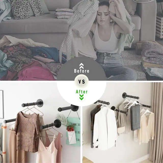 Alt view image 5 of 7 - 6 Pcs Industrial Pipe Clothes Bars 12 inch, Industrial Pipe Clothing Racks, Wall Mount Closet Rods for Hanging Clothes, Black Closet Bar Rod for Home Boutique