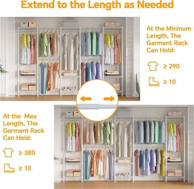 Alt view image 2 of 6 - H11 Heavy Duty Garment Rack, Clothing Rack for Hanging Clothes, Extra Large Closet, Freestanding Wardrobe Closet Organizer and Storage with Hanger Rods, Extendable from 7.8 to 10.8 ft, White