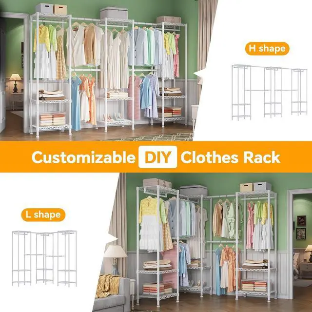 Alt view image 4 of 6 - H11 Heavy Duty Garment Rack, Clothing Rack for Hanging Clothes, Extra Large Closet, Freestanding Wardrobe Closet Organizer and Storage with Hanger Rods, Extendable from 7.8 to 10.8 ft, White
