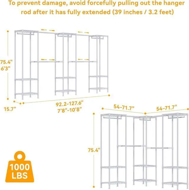 Alt view image 5 of 6 - H11 Heavy Duty Garment Rack, Clothing Rack for Hanging Clothes, Extra Large Closet, Freestanding Wardrobe Closet Organizer and Storage with Hanger Rods, Extendable from 7.8 to 10.8 ft, White