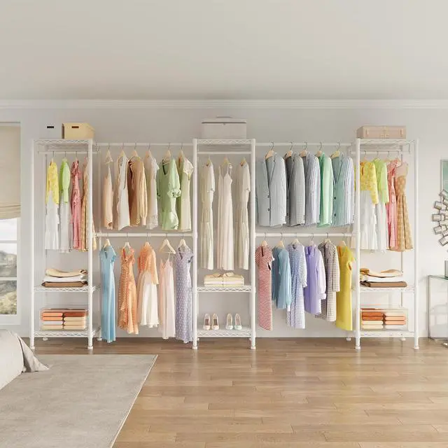 Alt view image 6 of 6 - H11 Heavy Duty Garment Rack, Clothing Rack for Hanging Clothes, Extra Large Closet, Freestanding Wardrobe Closet Organizer and Storage with Hanger Rods, Extendable from 7.8 to 10.8 ft, White