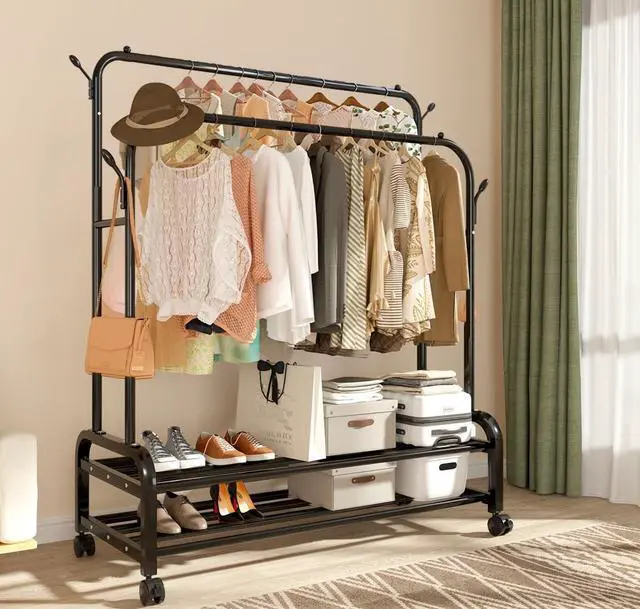 Main image of Antiwar Sturdy Metal Double Rodding Clothes Rack With Wheels, Portable Clothing Rack With Shelves & Hooks, Heavy Duty Garment Racks for Hanging Clothes, Multi-Functional Closet Rack for Bedroom, Black