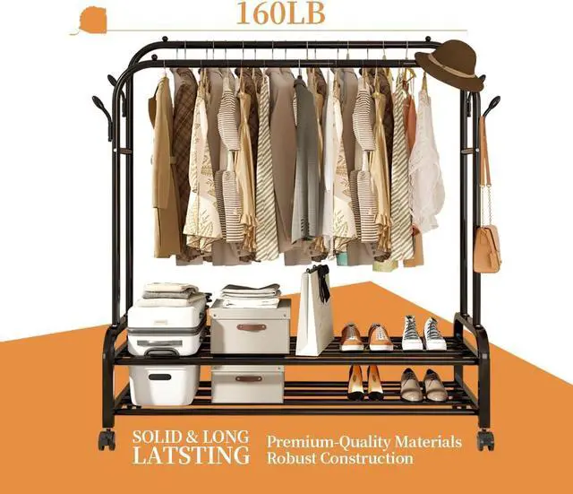 Alt view image 2 of 6 - Antiwar Sturdy Metal Double Rodding Clothes Rack With Wheels, Portable Clothing Rack With Shelves & Hooks, Heavy Duty Garment Racks for Hanging Clothes, Multi-Functional Closet Rack for Bedroom, Black