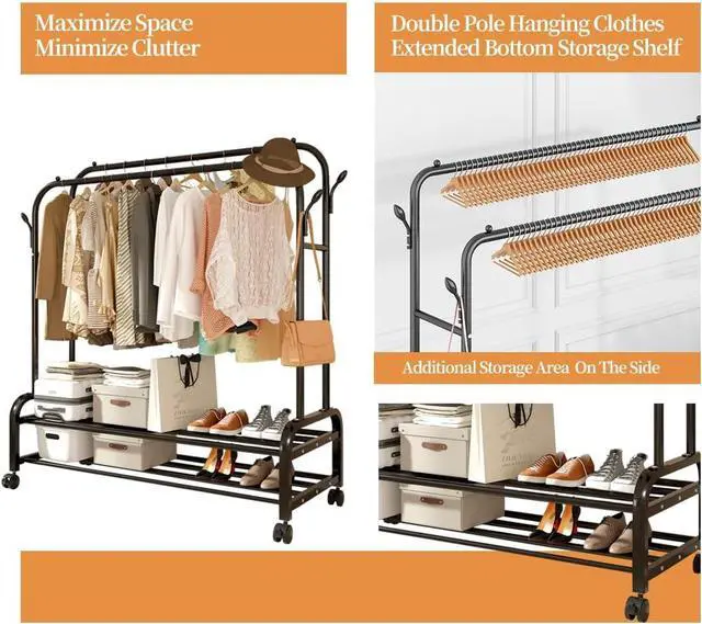 Alt view image 4 of 6 - Antiwar Sturdy Metal Double Rodding Clothes Rack With Wheels, Portable Clothing Rack With Shelves & Hooks, Heavy Duty Garment Racks for Hanging Clothes, Multi-Functional Closet Rack for Bedroom, Black