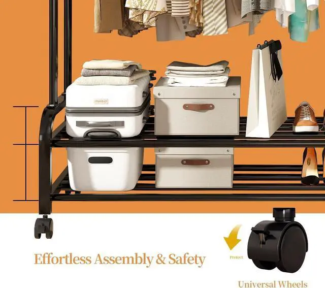 Alt view image 5 of 6 - Antiwar Sturdy Metal Double Rodding Clothes Rack With Wheels, Portable Clothing Rack With Shelves & Hooks, Heavy Duty Garment Racks for Hanging Clothes, Multi-Functional Closet Rack for Bedroom, Black