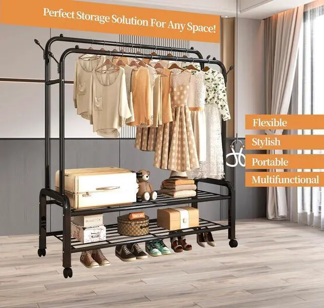 Alt view image 3 of 6 - Antiwar Sturdy Metal Double Rodding Clothes Rack With Wheels, Portable Clothing Rack With Shelves & Hooks, Heavy Duty Garment Racks for Hanging Clothes, Multi-Functional Closet Rack for Bedroom, Black