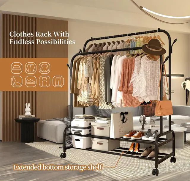 Alt view image 3 of 7 - Antiwar Sturdy Metal Double Rodding Clothes Rack With Wheels, Portable Clothing Rack With Shelves & Hooks, Heavy Duty Garment Racks for Hanging Clothes, Multi-Functional Closet Rack for Bedroom, Black