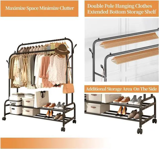 Alt view image 4 of 7 - Antiwar Sturdy Metal Double Rodding Clothes Rack With Wheels, Portable Clothing Rack With Shelves & Hooks, Heavy Duty Garment Racks for Hanging Clothes, Multi-Functional Closet Rack for Bedroom, Black