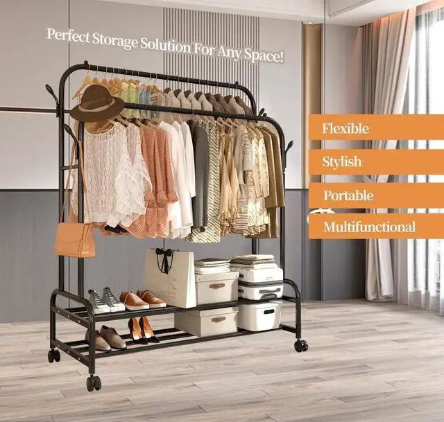 Alt view image 5 of 7 - Antiwar Sturdy Metal Double Rodding Clothes Rack With Wheels, Portable Clothing Rack With Shelves & Hooks, Heavy Duty Garment Racks for Hanging Clothes, Multi-Functional Closet Rack for Bedroom, Black