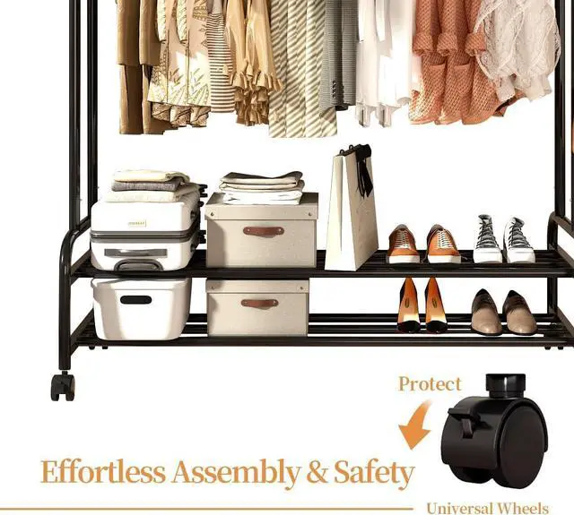 Alt view image 6 of 7 - Antiwar Sturdy Metal Double Rodding Clothes Rack With Wheels, Portable Clothing Rack With Shelves & Hooks, Heavy Duty Garment Racks for Hanging Clothes, Multi-Functional Closet Rack for Bedroom, Black