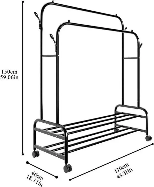 Alt view image 6 of 6 - Antiwar Sturdy Metal Double Rodding Clothes Rack With Wheels, Portable Clothing Rack With Shelves & Hooks, Heavy Duty Garment Racks for Hanging Clothes, Multi-Functional Closet Rack for Bedroom, Black