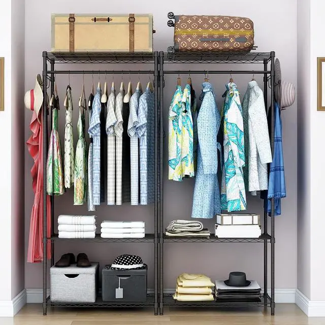 Alt view image 3 of 5 - Xiofio 3 Tiers Heavy Duty Clothing Rack, Metal Garment Rack Coat Rack, Clothes Rack with 2 Side Hooks,Hanging Adjustable Garment Rack for Bedroom Living Room Laundry Room Balcony Garden,Black