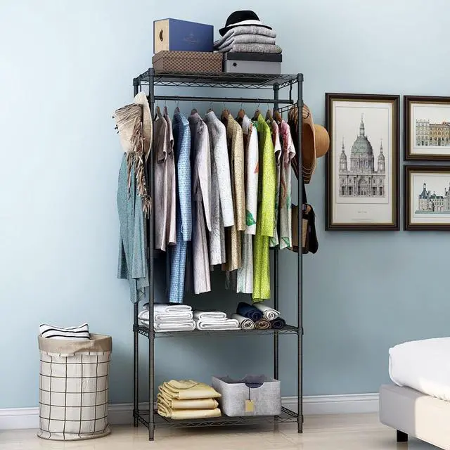 Alt view image 2 of 5 - Xiofio 3 Tiers Heavy Duty Clothing Rack, Metal Garment Rack Coat Rack, Clothes Rack with 2 Side Hooks,Hanging Adjustable Garment Rack for Bedroom Living Room Laundry Room Balcony Garden,Black