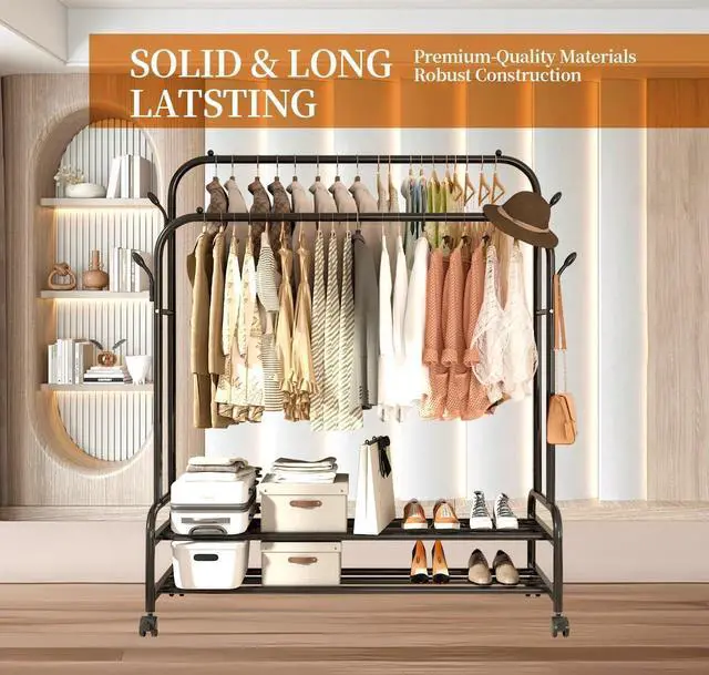 Alt view image 2 of 7 - Antiwar Sturdy Metal Double Rodding Clothes Rack With Wheels, Portable Clothing Rack With Shelves & Hooks, Heavy Duty Garment Racks for Hanging Clothes, Multi-Functional Closet Rack for Bedroom, Black