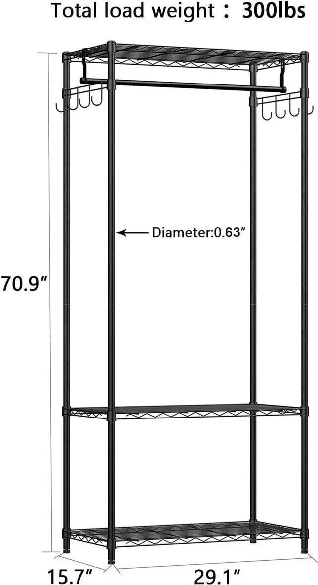 Alt view image 5 of 5 - Xiofio 3 Tiers Heavy Duty Clothing Rack, Metal Garment Rack Coat Rack, Clothes Rack with 2 Side Hooks,Hanging Adjustable Garment Rack for Bedroom Living Room Laundry Room Balcony Garden,Black