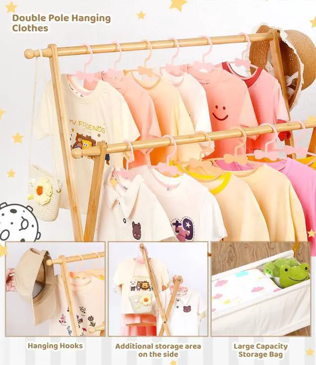 Alt view image 3 of 6 - Bamboo Kids Clothing Rack with Dual Poles, Child Dress Up Rack, Clothing OrganizerRack, Small GarmentRack with Storage, Perfect for Costumes and Accessories (Natural Color)