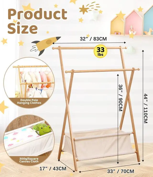Alt view image 2 of 6 - Bamboo Kids Clothing Rack with Dual Poles, Child Dress Up Rack, Clothing OrganizerRack, Small GarmentRack with Storage, Perfect for Costumes and Accessories (Natural Color)