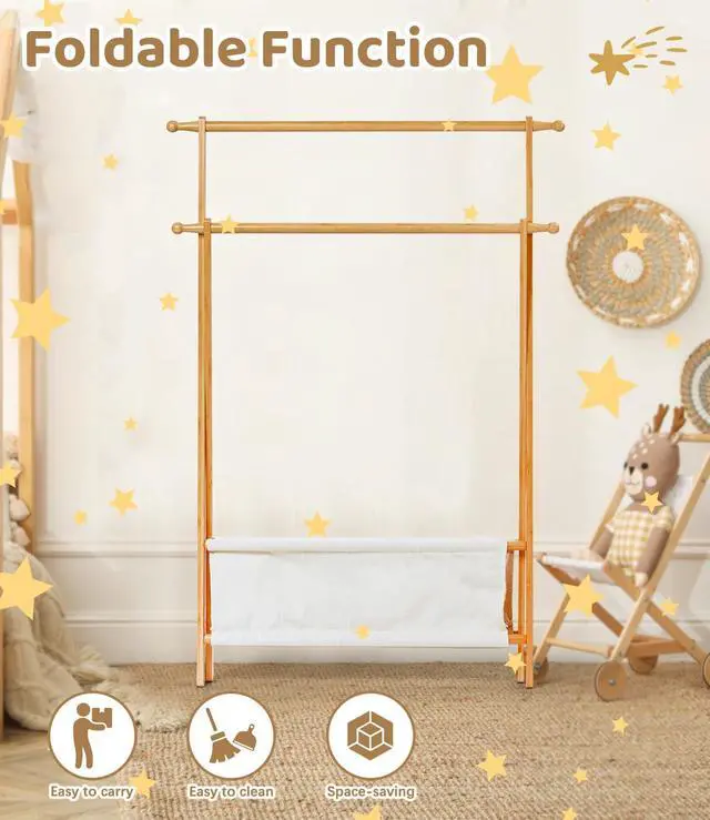 Alt view image 4 of 6 - Bamboo Kids Clothing Rack with Dual Poles, Child Dress Up Rack, Clothing OrganizerRack, Small GarmentRack with Storage, Perfect for Costumes and Accessories (Natural Color)