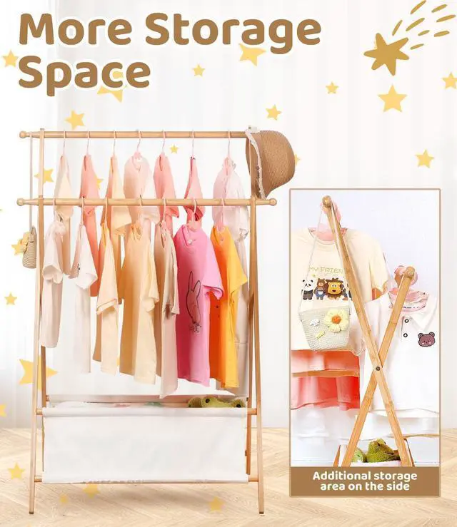 Alt view image 5 of 6 - Bamboo Kids Clothing Rack with Dual Poles, Child Dress Up Rack, Clothing OrganizerRack, Small GarmentRack with Storage, Perfect for Costumes and Accessories (Natural Color)