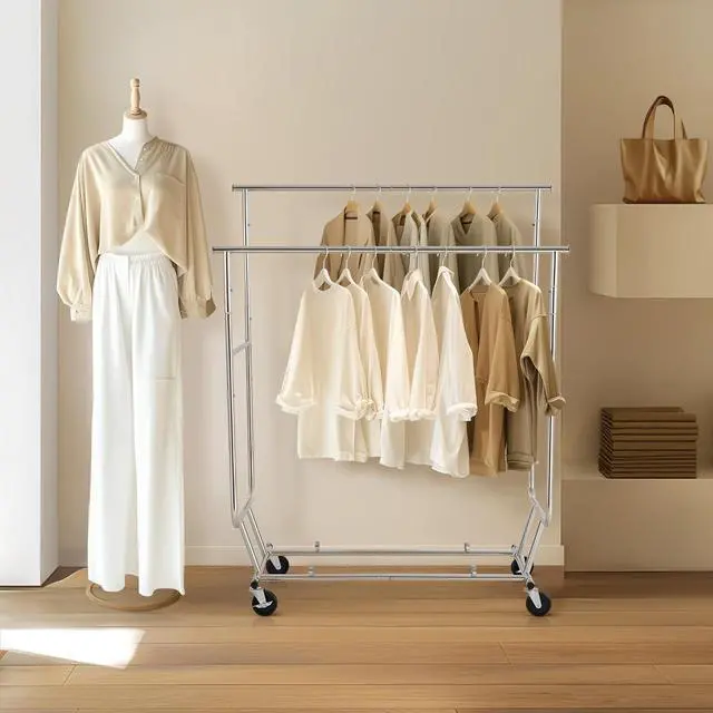 Alt view image 2 of 7 - Yaheetech Double Rod Clothing Garment Rack, Rolling Clothes Organizer for Hanging Clothes Heavy Duty, Portable Clothes Rack for Bedroom,Living Room, Chrome