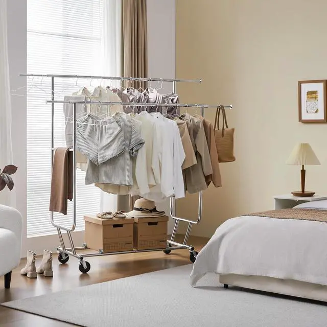 Alt view image 3 of 7 - Yaheetech Double Rod Clothing Garment Rack, Rolling Clothes Organizer for Hanging Clothes Heavy Duty, Portable Clothes Rack for Bedroom,Living Room, Chrome