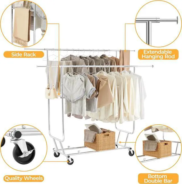 Alt view image 5 of 7 - Yaheetech Double Rod Clothing Garment Rack, Rolling Clothes Organizer for Hanging Clothes Heavy Duty, Portable Clothes Rack for Bedroom,Living Room, Chrome