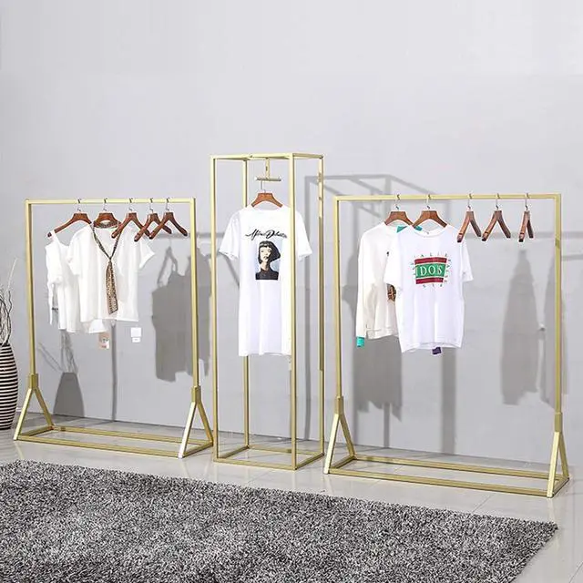 Alt view image 4 of 7 - Modern Clothes Retail Heavy Duty Garment Racks,Metal Clothing Store Hanger Storage Shelves,Floor-Standing Display Rack (Gold Square Tube, 71" H)