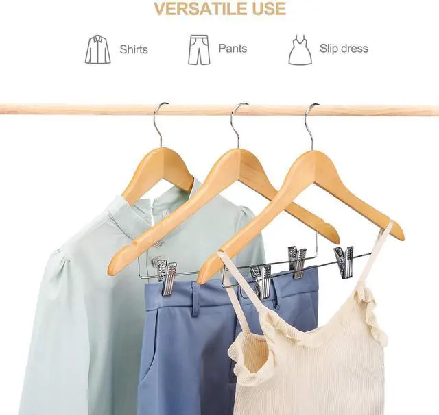 Alt view image 4 of 7 - HOUSE DAY 12 Pack High-Grade Wooden Suit Hangers Skirt Hangers with Clips Solid Wood Pants Hanger Natural Smooth Finish Premium Wood Hanger with Durable Metal Clips for Blouse, Dress, Coat, Jacket