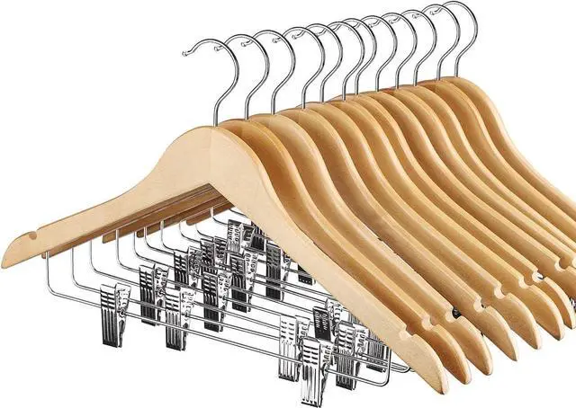 Main image of HOUSE DAY 12 Pack High-Grade Wooden Suit Hangers Skirt Hangers with Clips Solid Wood Pants Hanger Natural Smooth Finish Premium Wood Hanger with Durable Metal Clips for Blouse, Dress, Coat, Jacket