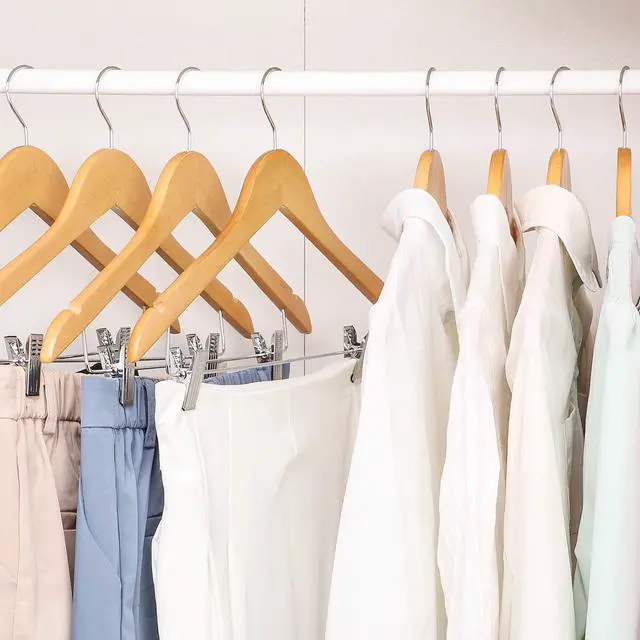 Alt view image 6 of 7 - HOUSE DAY 12 Pack High-Grade Wooden Suit Hangers Skirt Hangers with Clips Solid Wood Pants Hanger Natural Smooth Finish Premium Wood Hanger with Durable Metal Clips for Blouse, Dress, Coat, Jacket