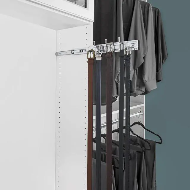Alt view image 2 of 7 - Rev-A-Shelf 14" Pull Out Closet Organization Rack for Belts, Ties and Scarves, Accessories Storage Hanger with Mounting Hardware, Chrome, BRC-14CR