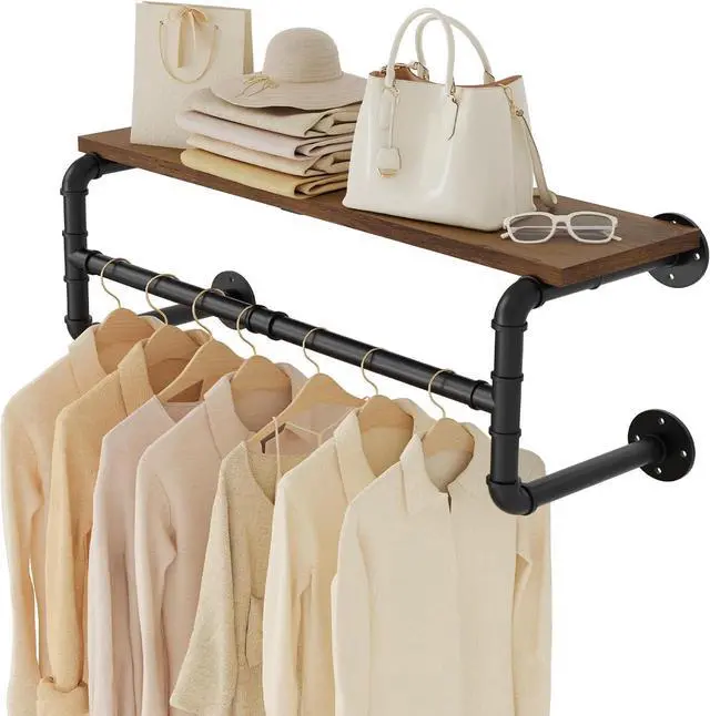 Main image of Yawinhe Industrial Pipe Clothes Rack with Top Shelf, Wall Mounted, Space Saving Hanger with 4 Bases, for Shops, Homes, 27.5''Lx10.2''Wx10.2''H, Rustic Brown, 1-Pack