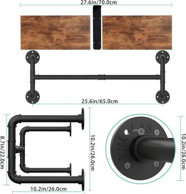 Alt view image 5 of 7 - Yawinhe Industrial Pipe Clothes Rack with Top Shelf, Wall Mounted, Space Saving Hanger with 4 Bases, for Shops, Homes, 27.5''Lx10.2''Wx10.2''H, Rustic Brown, 1-Pack