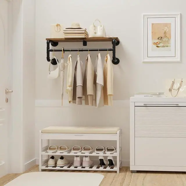 Alt view image 2 of 7 - Yawinhe Industrial Pipe Clothes Rack with Top Shelf, Wall Mounted, Space Saving Hanger with 4 Bases, for Shops, Homes, 27.5''Lx10.2''Wx10.2''H, Rustic Brown, 1-Pack