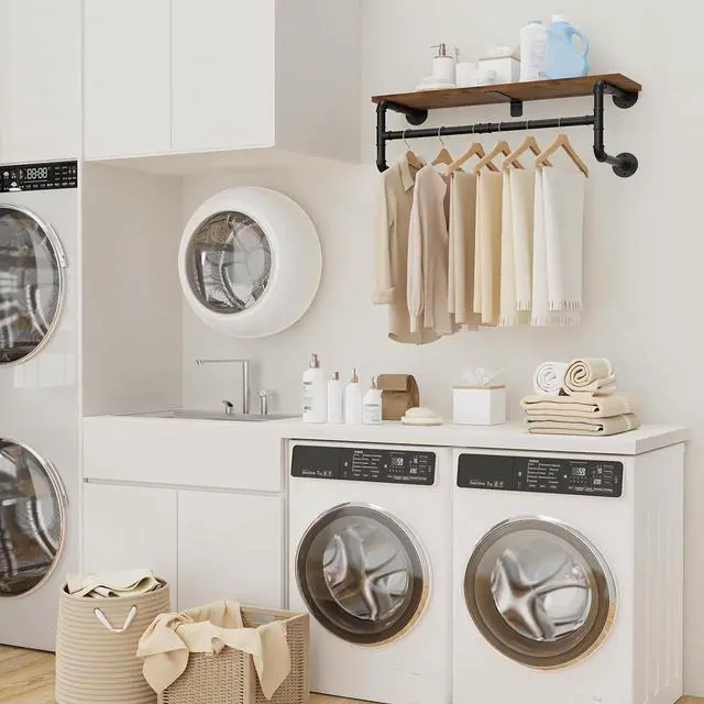 Alt view image 3 of 7 - Yawinhe Industrial Pipe Clothes Rack with Top Shelf, Wall Mounted, Space Saving Hanger with 4 Bases, for Shops, Homes, 27.5''Lx10.2''Wx10.2''H, Rustic Brown, 1-Pack